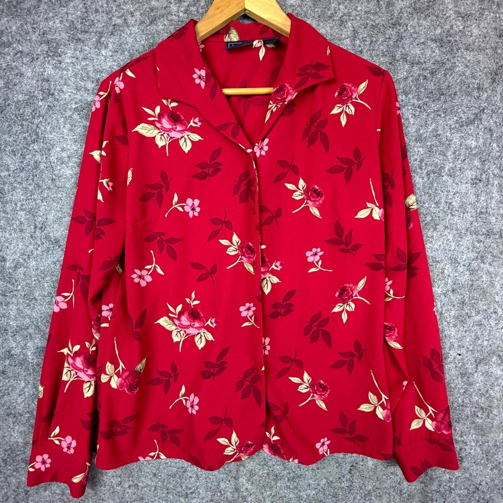 Laura Scott Secretary Blouse Womens 14 Red Rose Floral Button Up Cottagecore